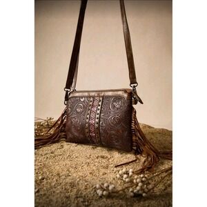 Tooled faux Leather Crossbody Bag‎ Brown Floral Western Fringe Aztec Studded